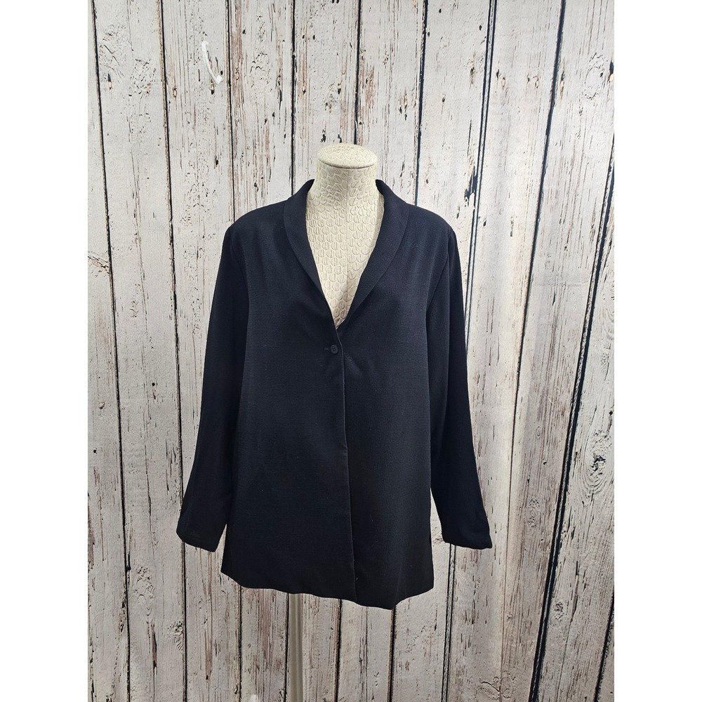 VTG Eileen Fisher L Black Wool Knit Cardigan Blazer Jacket Coat Shawl Collar Y2K